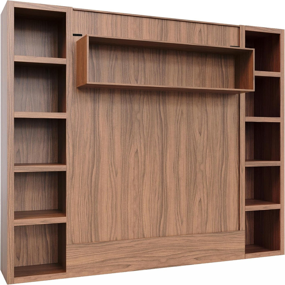 Easy-Lift Queen Murphy Wall Bed in Brown Wood Grain with Two Bookshelves