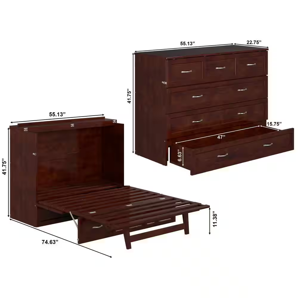 Deerfield Walnut Brown Wood Frame Full Murphy Bed Chest with 6 In. Mattress, Storage Drawer and Built-In Charger