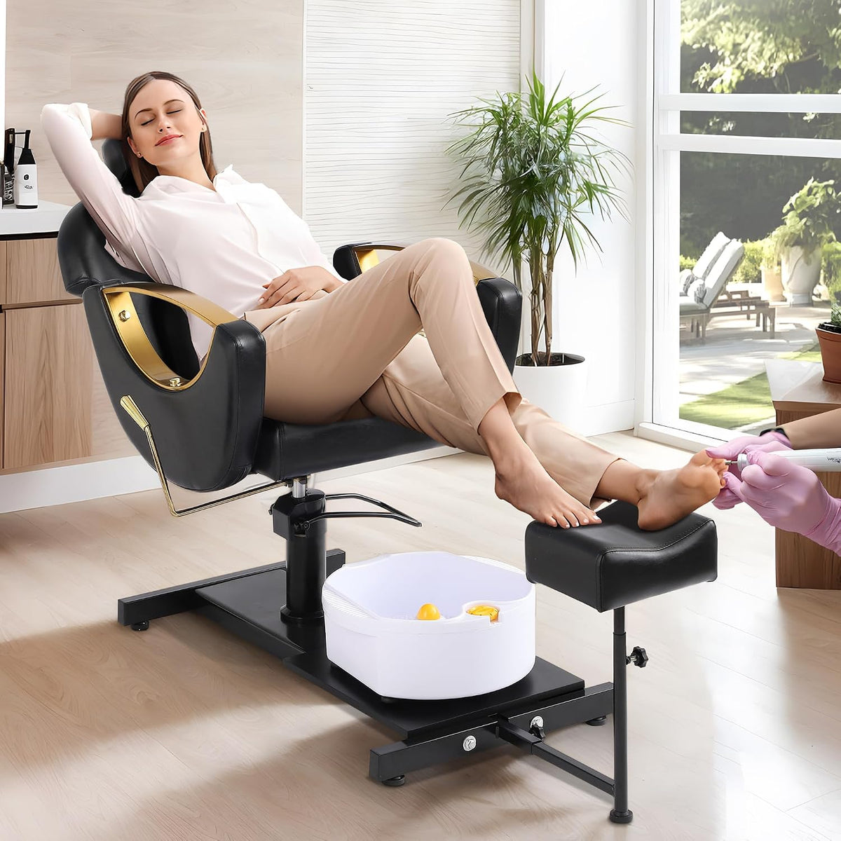 Pedicure Station No Plumbing, Hydraulic Pedicure Chair for Nail Tech, Height Adjustable Reclining Pedicure Station Unit, with Massage Foot Bath