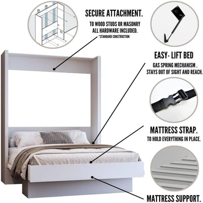 Easy-Lift Full Murphy Wall Bed in White with Shelf