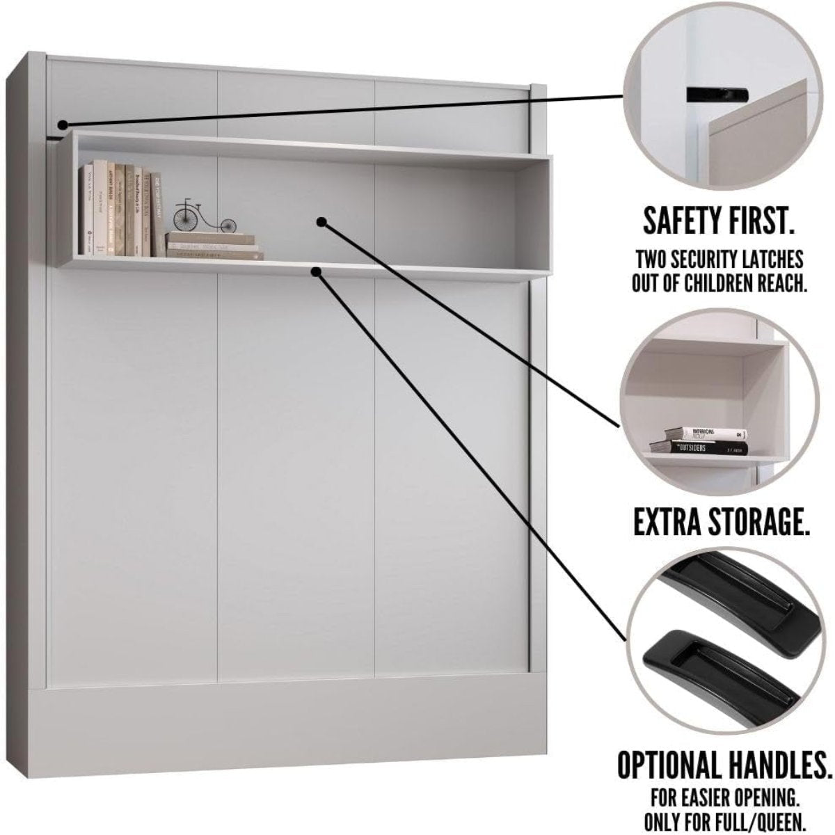 Easy-Lift Full Murphy Wall Bed in White with Shelf