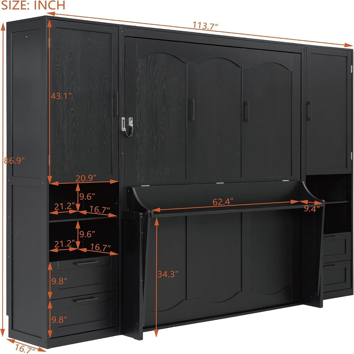Murphy Bed Queen Size Wall Beds with Closet and Storage Drawers,Wood Hideaway Platform Bedframe W/Shelves,Can Be Folded,Easy Assembly,Black