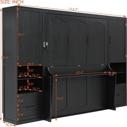 Murphy Bed Queen Size Wall Beds with Closet and Storage Drawers,Wood Hideaway Platform Bedframe W/Shelves,Can Be Folded,Easy Assembly,Black