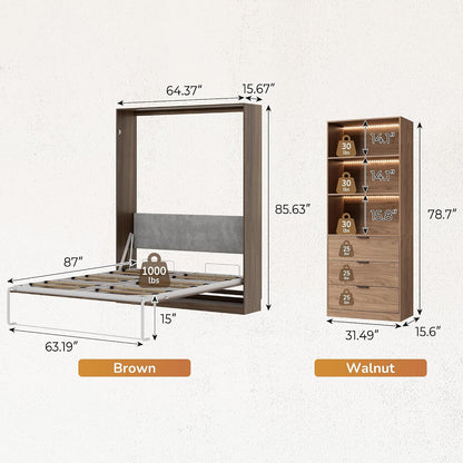 Farmhouse Murphy Bed Queen,85" Wall Bed Folds to save Space,Concealed Bed Frame with 2 LED Storage Cabinets and Wall Mounted Features for Apartment/Office/Guest Room,Brown+Walnut