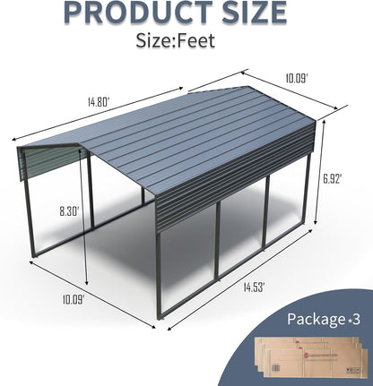 10X15' Metal Carport,Heavy Duty Canopy Galvanized Steel Outdoor Garage for Snow,Cars,Boat and Tractors,Multi-Use Shelter，Charcoal