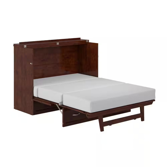 Deerfield Walnut Brown Wood Frame Full Murphy Bed Chest with 6 In. Mattress, Storage Drawer and Built-In Charger