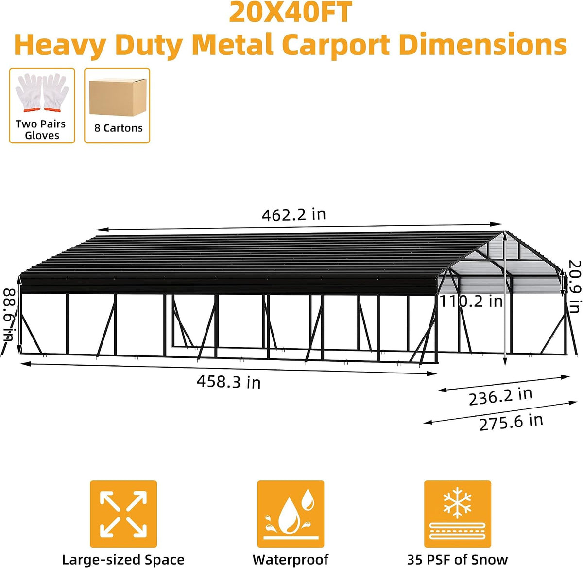 20X40 Ft Metal Carport Kits with Galvanized Steel Roof, Heavy Duty Metal Roof Carport with Enhanced Base, Tallmetal Carports Kits Garage for Tractors, Pickup, Boat, Car
