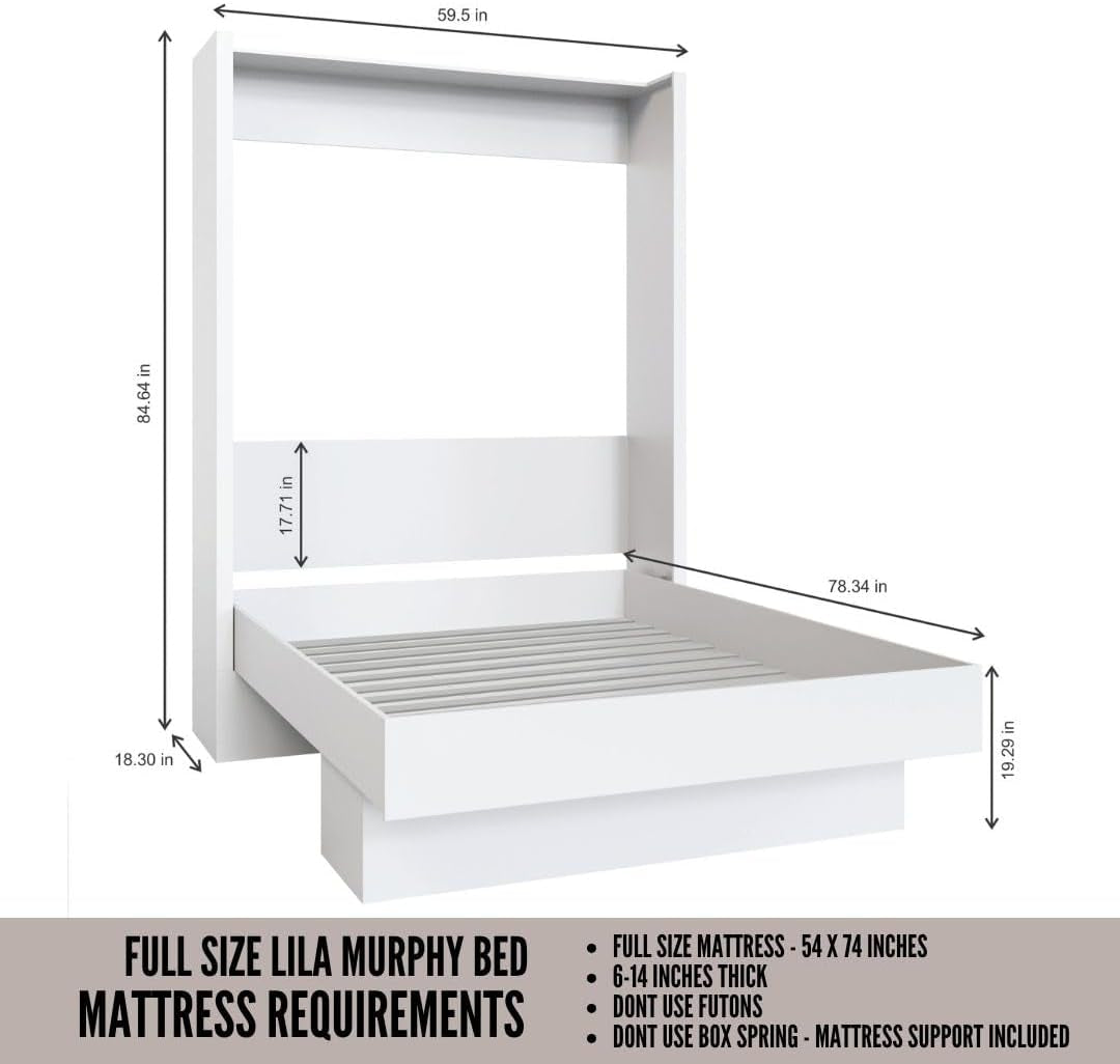 Easy-Lift Full Murphy Wall Bed in White with Shelf