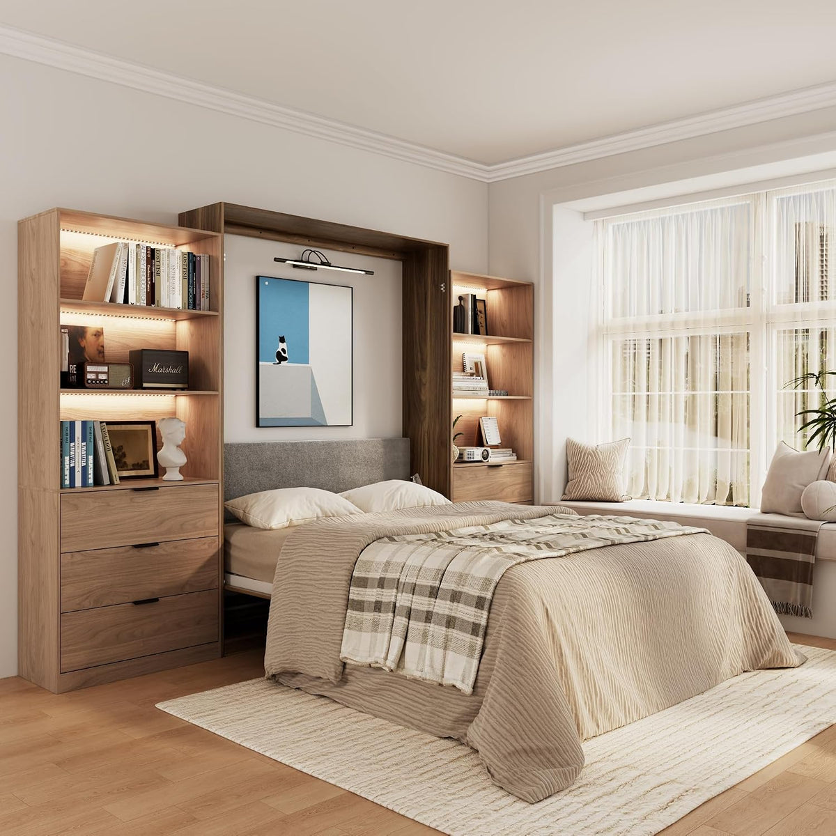 Farmhouse Murphy Bed Queen,85" Wall Bed Folds to save Space,Concealed Bed Frame with 2 LED Storage Cabinets and Wall Mounted Features for Apartment/Office/Guest Room,Brown+Walnut