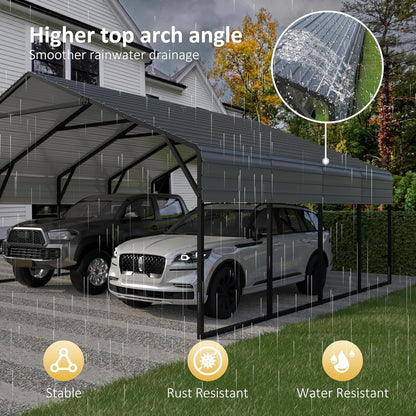 20X20 FT Hardtop Carport with Metal Roof, Heavy Duty Metal Carport Canopy, Outdoor Garage Car Shelter Shade, Car, Truck, Boat, Gray