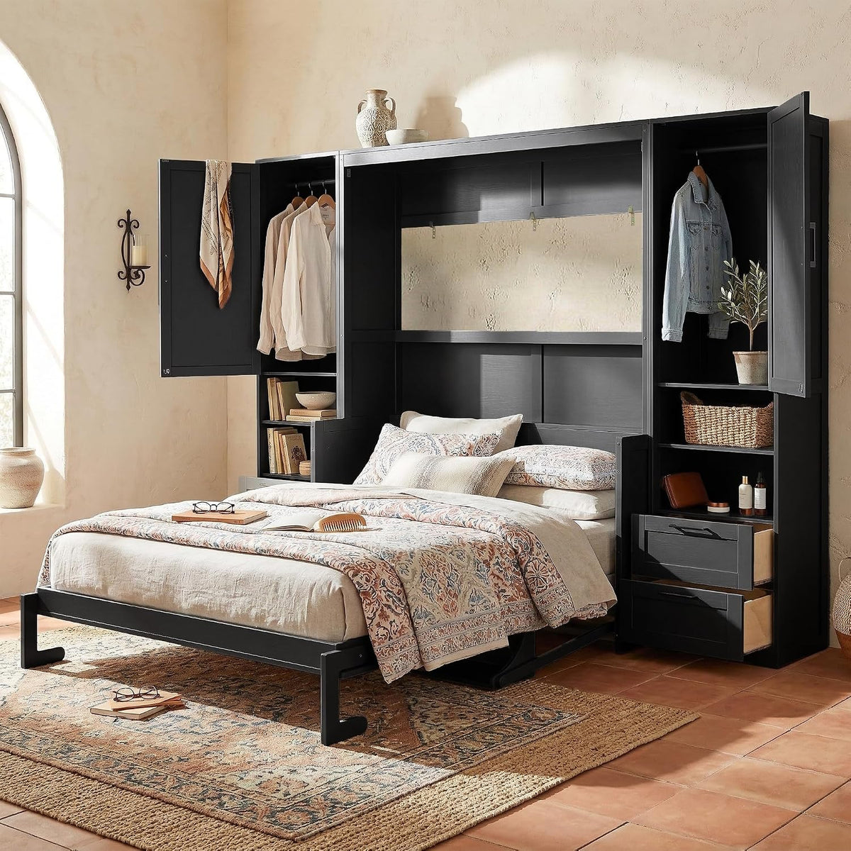 Murphy Bed Queen Size Wall Beds with Closet and Storage Drawers,Wood Hideaway Platform Bedframe W/Shelves,Can Be Folded,Easy Assembly,Black