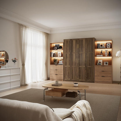 Farmhouse Murphy Bed Queen,85" Wall Bed Folds to save Space,Concealed Bed Frame with 2 LED Storage Cabinets and Wall Mounted Features for Apartment/Office/Guest Room,Brown+Walnut