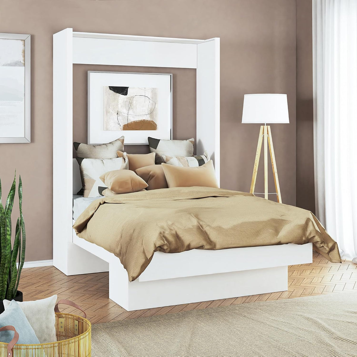 Easy-Lift Full Murphy Wall Bed in White with Shelf