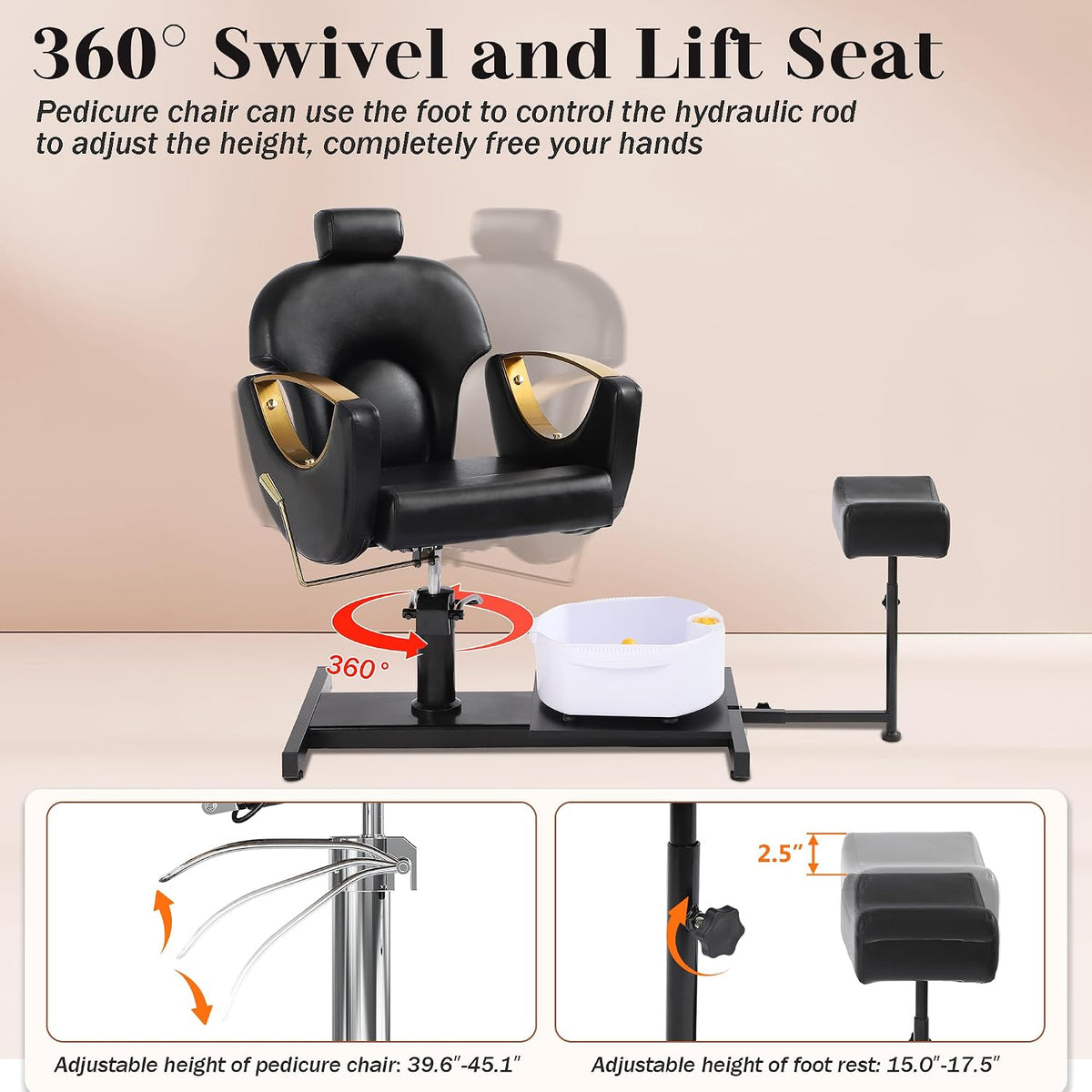 Pedicure Station No Plumbing, Hydraulic Pedicure Chair for Nail Tech, Height Adjustable Reclining Pedicure Station Unit, with Massage Foot Bath