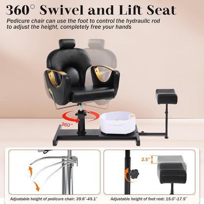 Pedicure Station No Plumbing, Hydraulic Pedicure Chair for Nail Tech, Height Adjustable Reclining Pedicure Station Unit, with Massage Foot Bath