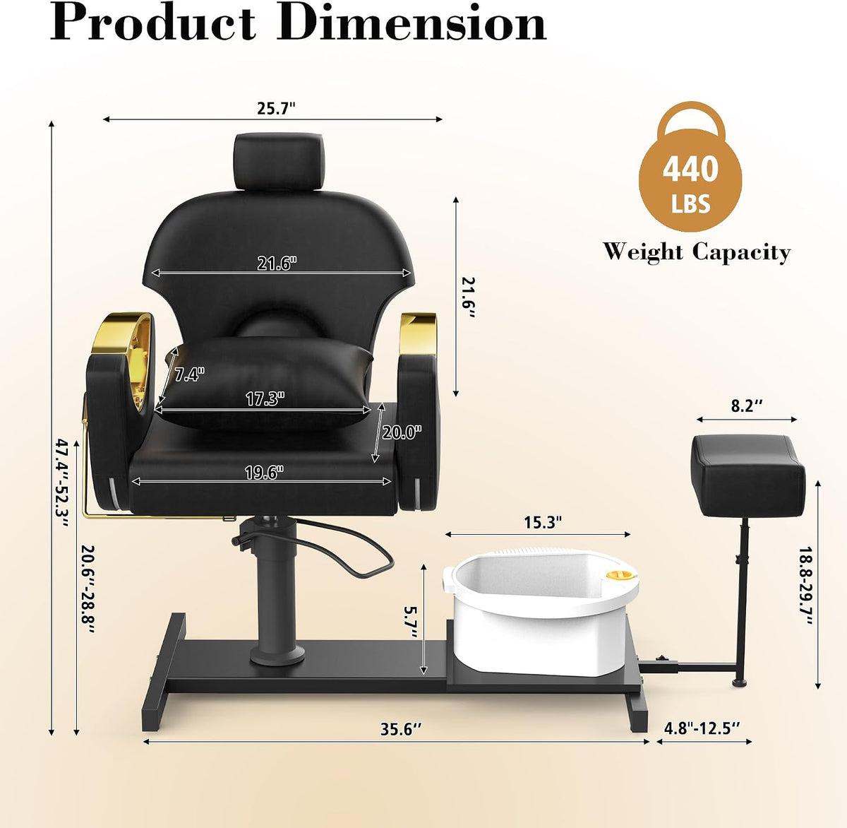Pedicure Station No Plumbing, Hydraulic Pedicure Chair for Nail Tech, Height Adjustable Reclining Pedicure Station Unit, with Massage Foot Bath
