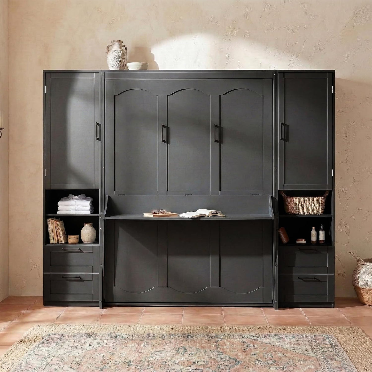 Murphy Bed Queen Size Wall Beds with Closet and Storage Drawers,Wood Hideaway Platform Bedframe W/Shelves,Can Be Folded,Easy Assembly,Black