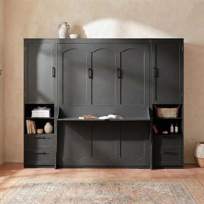 Murphy Bed Queen Size Wall Beds with Closet and Storage Drawers,Wood Hideaway Platform Bedframe W/Shelves,Can Be Folded,Easy Assembly,Black