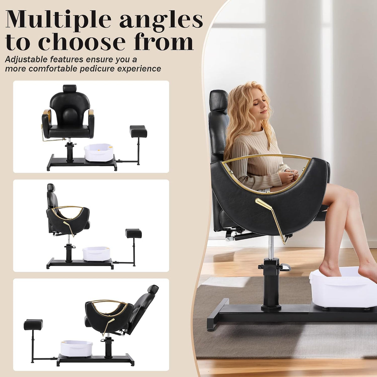 Pedicure Station No Plumbing, Hydraulic Pedicure Chair for Nail Tech, Height Adjustable Reclining Pedicure Station Unit, with Massage Foot Bath