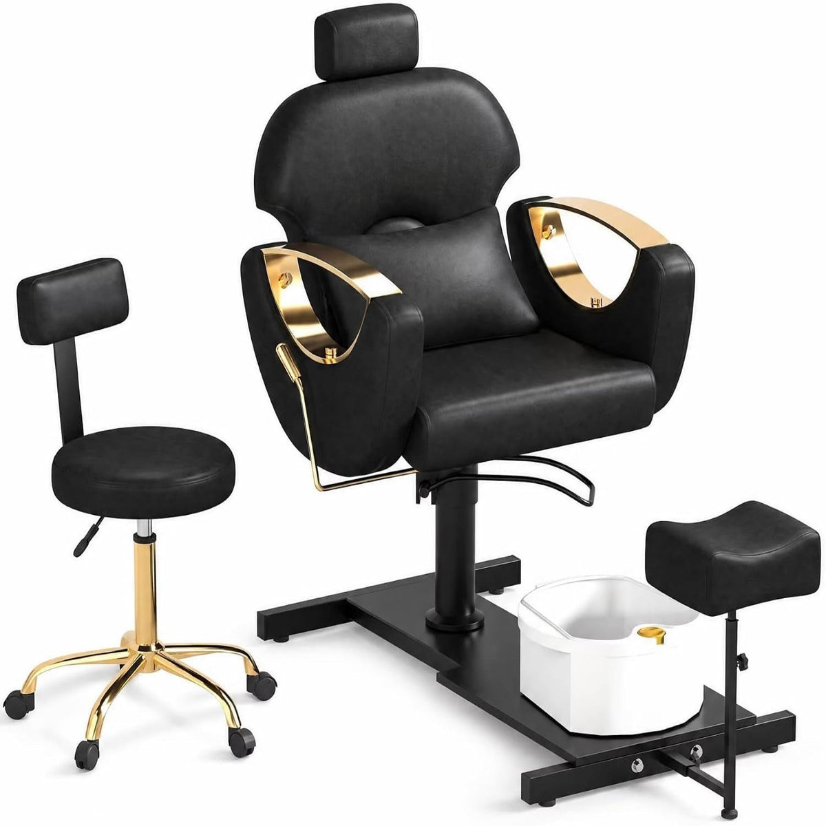 Pedicure Station No Plumbing, Hydraulic Pedicure Chair for Nail Tech, Height Adjustable Reclining Pedicure Station Unit, with Massage Foot Bath