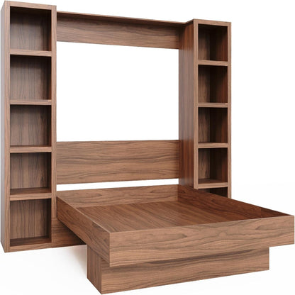 Easy-Lift Queen Murphy Wall Bed in Brown Wood Grain with Two Bookshelves