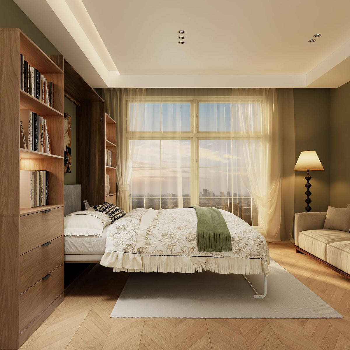 Farmhouse Murphy Bed Queen,85" Wall Bed Folds to save Space,Concealed Bed Frame with 2 LED Storage Cabinets and Wall Mounted Features for Apartment/Office/Guest Room,Brown+Walnut