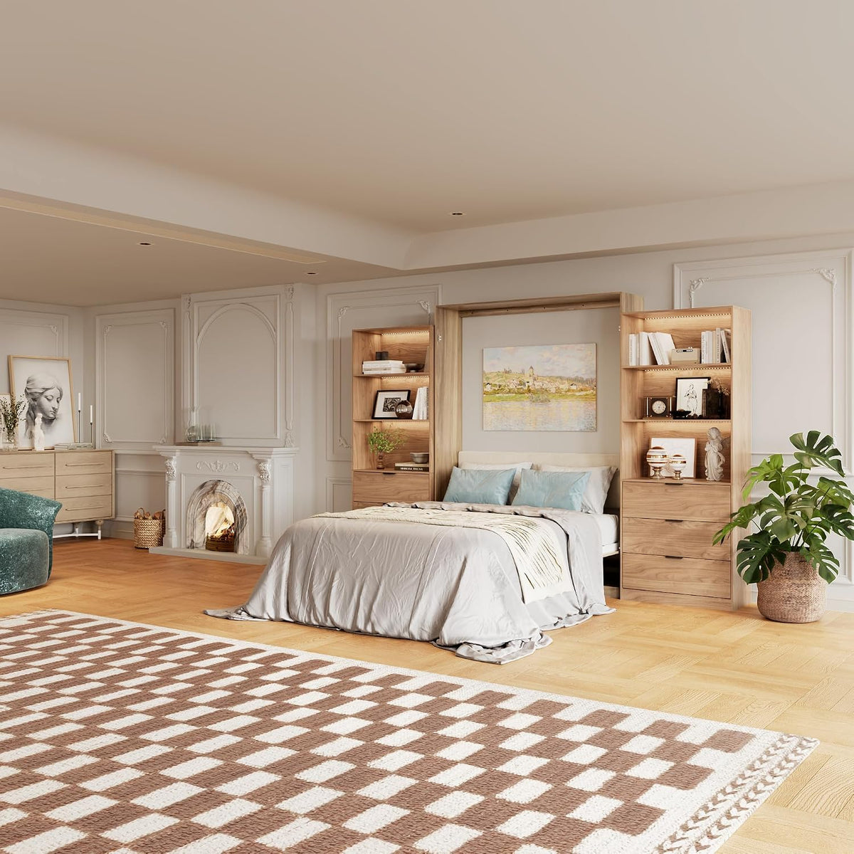 Farmhouse Murphy Bed Queen,85" Wall Bed Folds to save Space,Concealed Bed Frame with 2 LED Storage Cabinets and Wall Mounted Features for Apartment/Office/Guest Room,Brown+Walnut