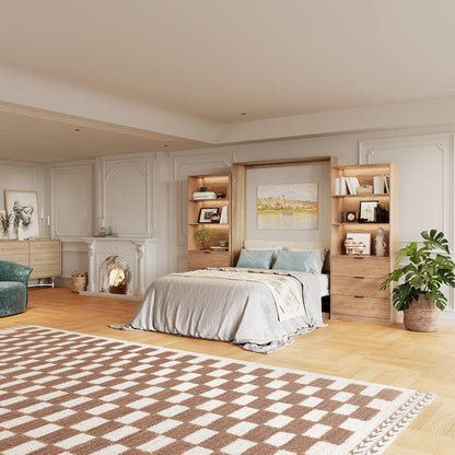 Farmhouse Murphy Bed Queen,85" Wall Bed Folds to save Space,Concealed Bed Frame with 2 LED Storage Cabinets and Wall Mounted Features for Apartment/Office/Guest Room,Brown+Walnut