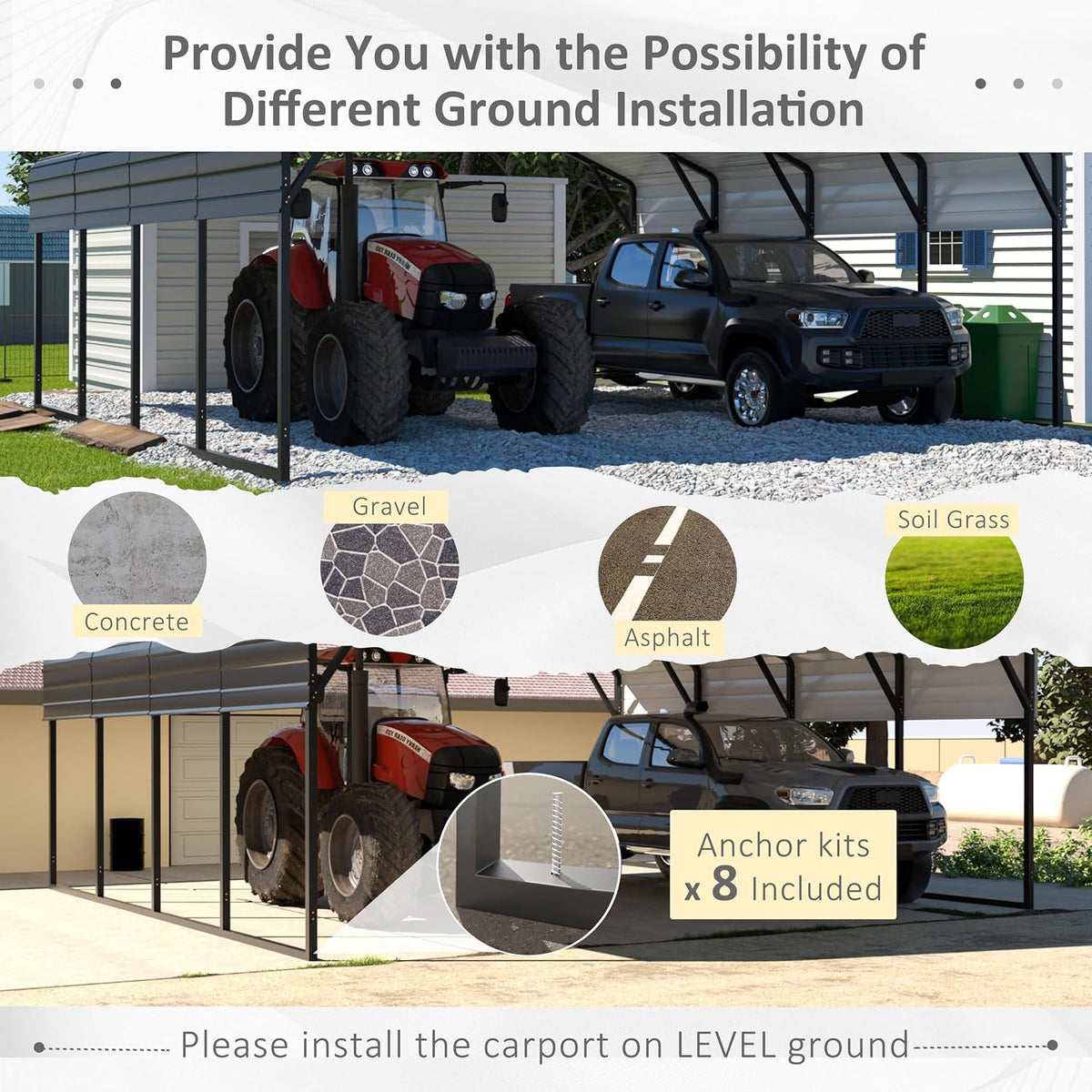 20X20 FT Hardtop Carport with Metal Roof, Heavy Duty Metal Carport Canopy, Outdoor Garage Car Shelter Shade, Car, Truck, Boat, Gray