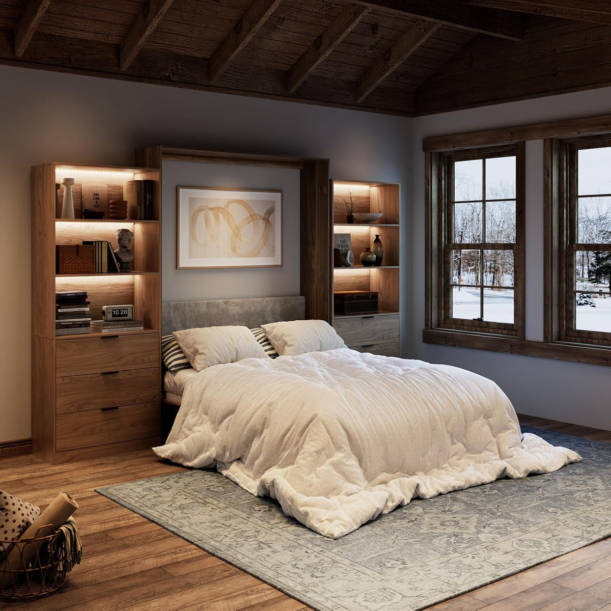Farmhouse Murphy Bed Queen,85" Wall Bed Folds to save Space,Concealed Bed Frame with 2 LED Storage Cabinets and Wall Mounted Features for Apartment/Office/Guest Room,Brown+Walnut
