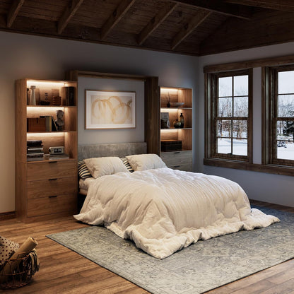 Farmhouse Murphy Bed Queen,85" Wall Bed Folds to save Space,Concealed Bed Frame with 2 LED Storage Cabinets and Wall Mounted Features for Apartment/Office/Guest Room,Brown+Walnut