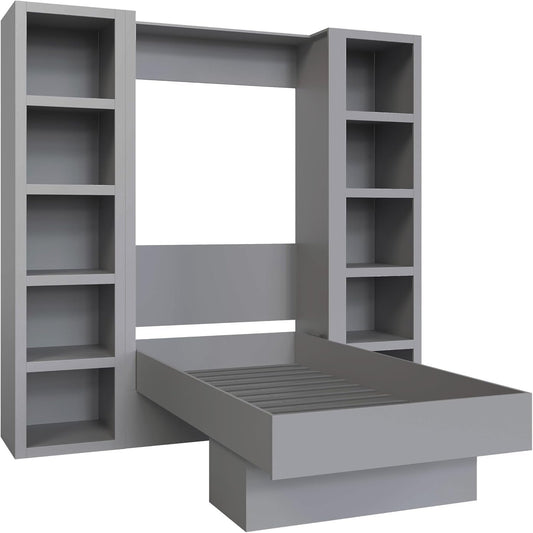 Easy-Lift Twin Murphy Wall Bed in Grey with Two Bookshelves