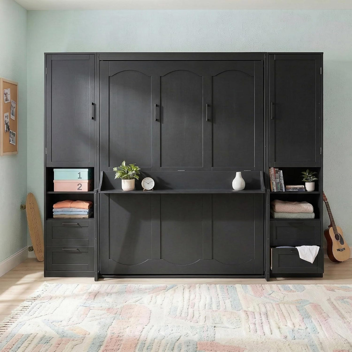 Murphy Bed Queen Size Wall Beds with Closet and Storage Drawers,Wood Hideaway Platform Bedframe W/Shelves,Can Be Folded,Easy Assembly,Black