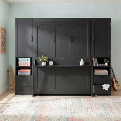 Murphy Bed Queen Size Wall Beds with Closet and Storage Drawers,Wood Hideaway Platform Bedframe W/Shelves,Can Be Folded,Easy Assembly,Black