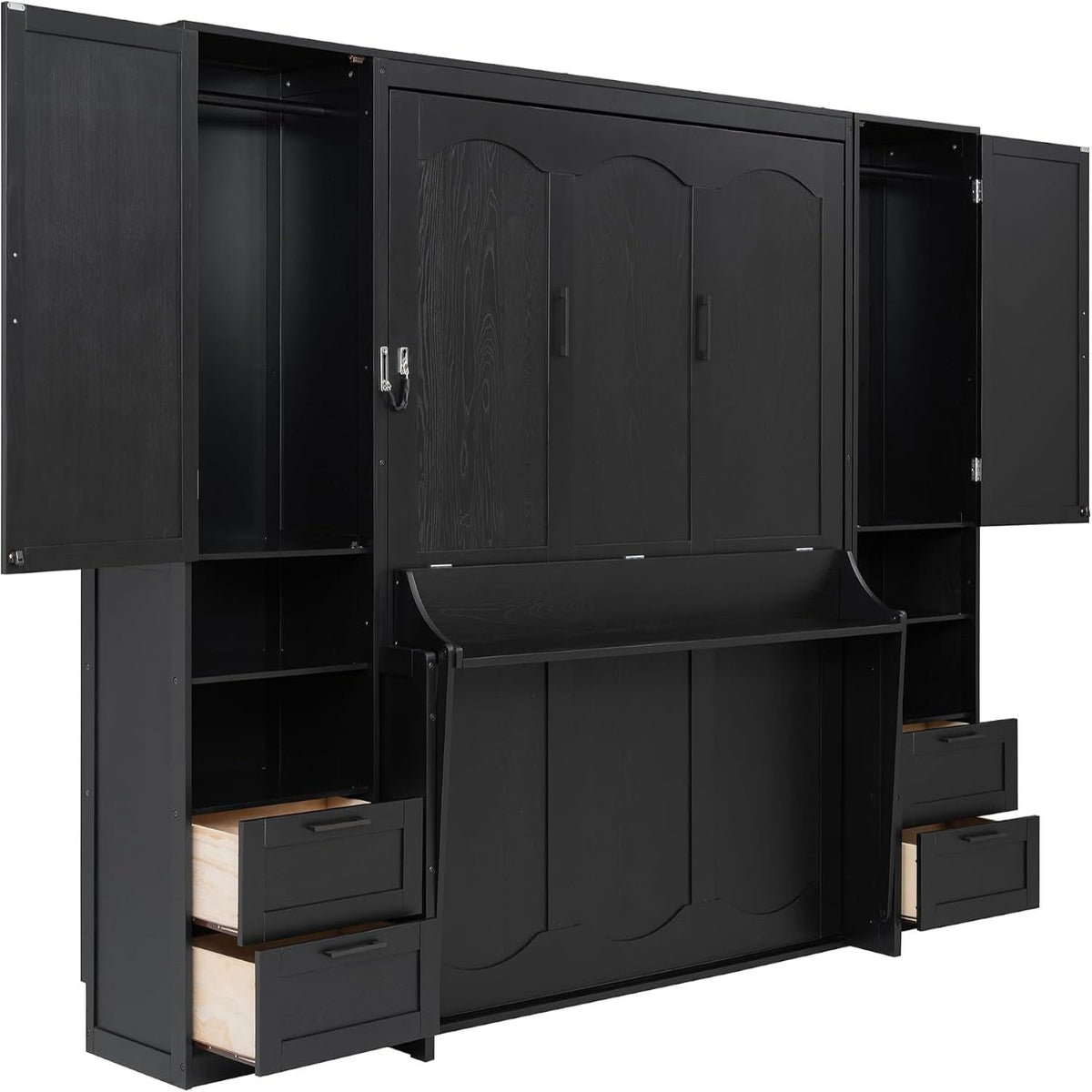 Murphy Bed Queen Size Wall Beds with Closet and Storage Drawers,Wood Hideaway Platform Bedframe W/Shelves,Can Be Folded,Easy Assembly,Black