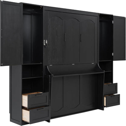 Murphy Bed Queen Size Wall Beds with Closet and Storage Drawers,Wood Hideaway Platform Bedframe W/Shelves,Can Be Folded,Easy Assembly,Black