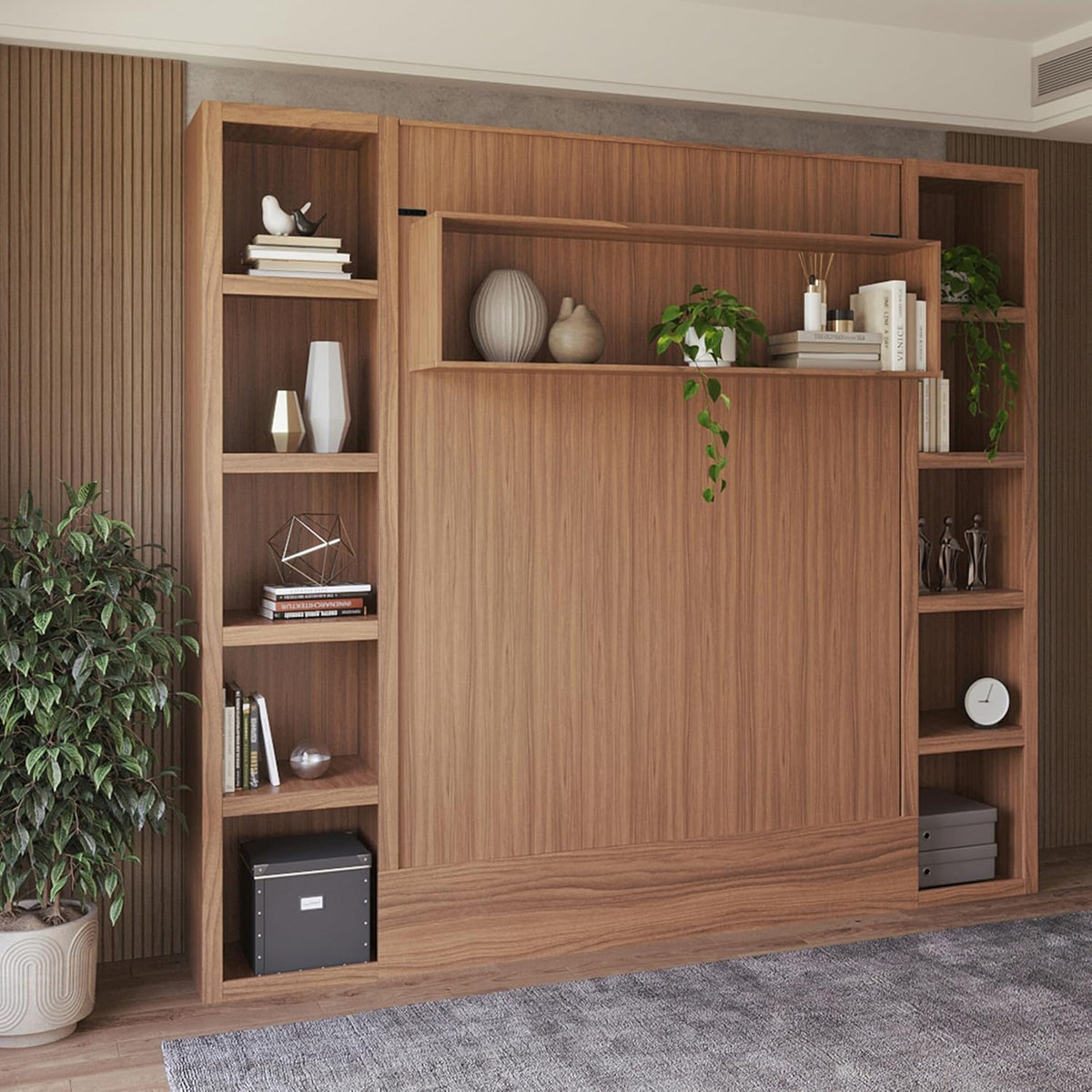 Easy-Lift Queen Murphy Wall Bed in Brown Wood Grain with Two Bookshelves