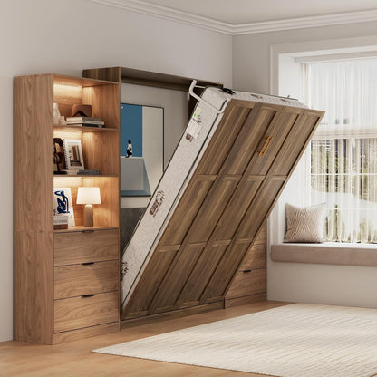 Farmhouse Murphy Bed Queen,85" Wall Bed Folds to save Space,Concealed Bed Frame with 2 LED Storage Cabinets and Wall Mounted Features for Apartment/Office/Guest Room,Brown+Walnut