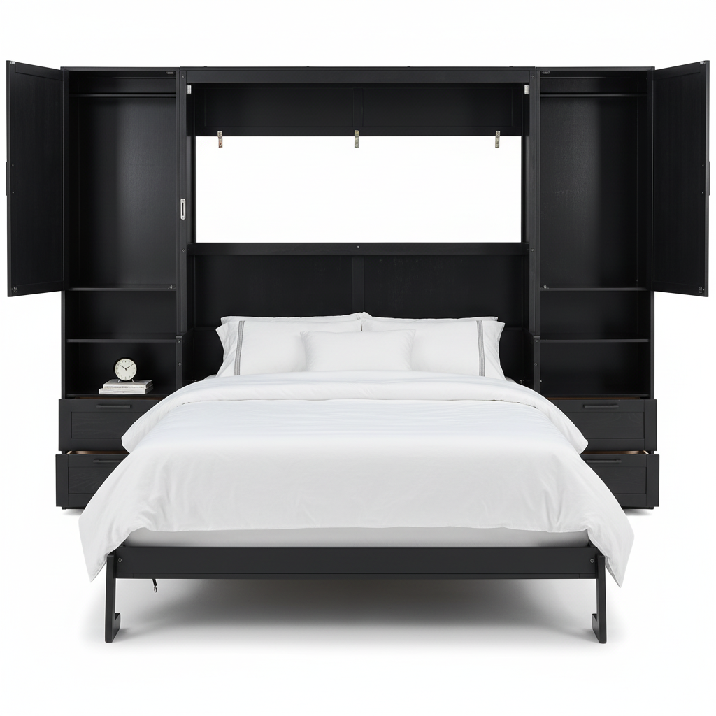 Murphy Bed Queen Size Wall Beds with Closet and Storage Drawers,Wood Hideaway Platform Bedframe W/Shelves,Can Be Folded,Easy Assembly,Black
