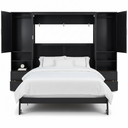 Murphy Bed Queen Size Wall Beds with Closet and Storage Drawers,Wood Hideaway Platform Bedframe W/Shelves,Can Be Folded,Easy Assembly,Black