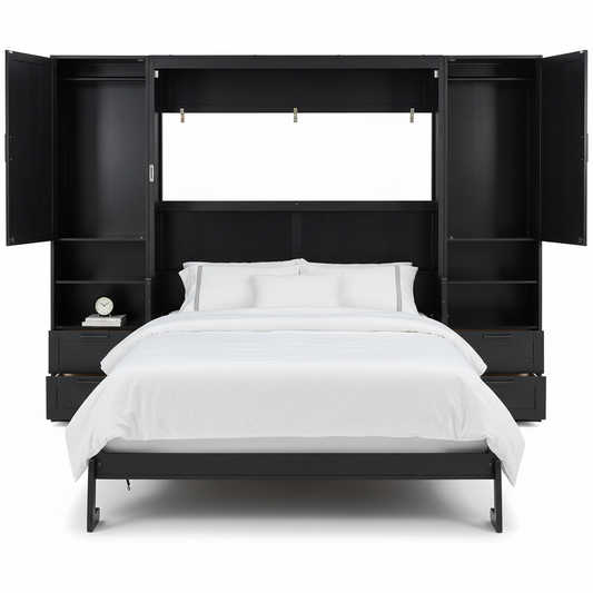 Murphy Bed Queen Size Wall Beds with Closet and Storage Drawers,Wood Hideaway Platform Bedframe W/Shelves,Can Be Folded,Easy Assembly,Black