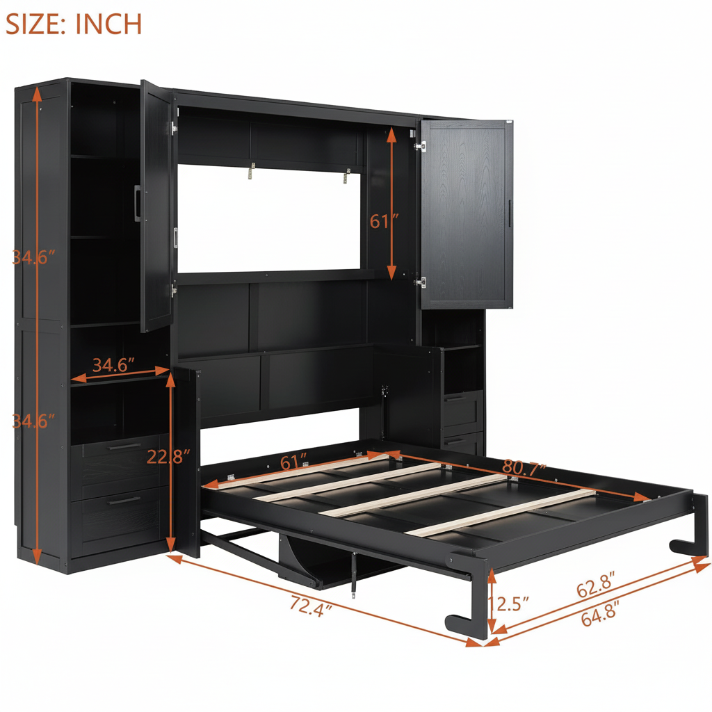 Murphy Bed Queen Size Wall Beds with Closet and Storage Drawers,Wood Hideaway Platform Bedframe W/Shelves,Can Be Folded,Easy Assembly,Black