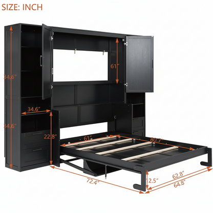 Murphy Bed Queen Size Wall Beds with Closet and Storage Drawers,Wood Hideaway Platform Bedframe W/Shelves,Can Be Folded,Easy Assembly,Black