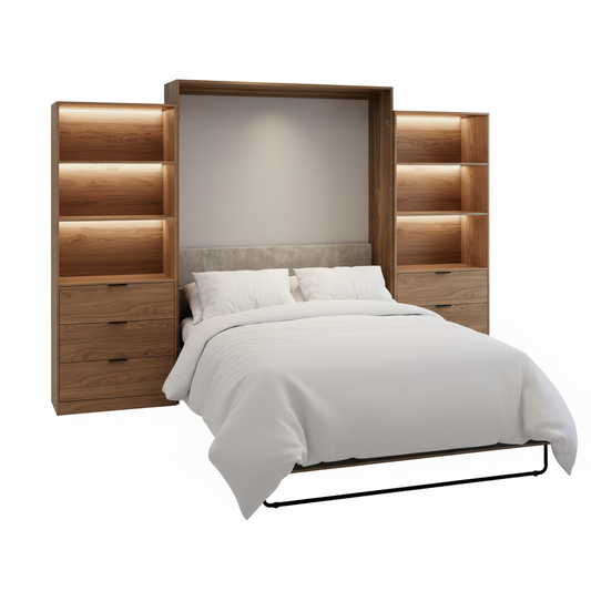 Farmhouse Murphy Bed Queen,85" Wall Bed Folds to save Space,Concealed Bed Frame with 2 LED Storage Cabinets and Wall Mounted Features for Apartment/Office/Guest Room,Brown+Walnut
